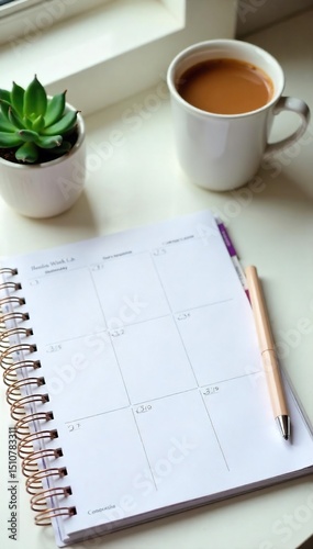 A clean, minimalist desk setup featuring a weekly planner, pen, succulent plant, and coffee cup, ready for a productive week , plants, achievements