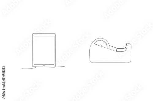 Minimalist one line art illustration depicting a tablet and tape dispenser on white surface