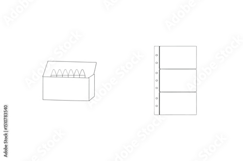 Simple line art illustration of crayons in a box and business card holders for design