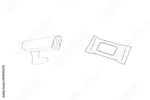 Surveillance camera and wet wipe packets illustration depicting sanitization and security concepts