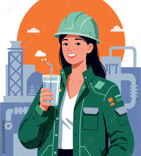 Female engineer wearing safety helmet drinking water at industrial factory site vector illustration 