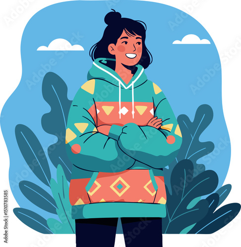 Young woman in colorful hoodie standing with crossed arms outdoors with plants background 