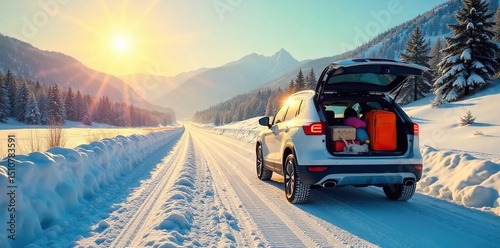 A family's car packed for a road trip, leaving behind a snowy landscape, headed towards warmer weather Sun shines brightly on the vehicle, promising adventure , tires, open road