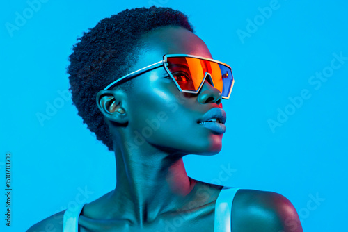 Futuristic Blue Fashion Portrait with Cyber Sunglasses and Reflective Visor, AI, Solid Neon Blue Background Trendsetting Lifestyle

