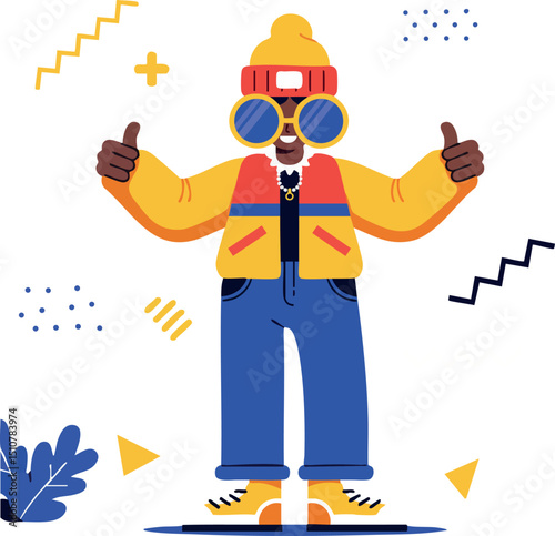 Cool young person in yellow jacket giving thumbs up with blue pants vector illustration 
