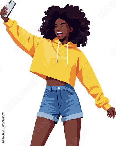 Young African American Woman Taking Selfie Wearing Yellow Hoodie and Denim Shorts 