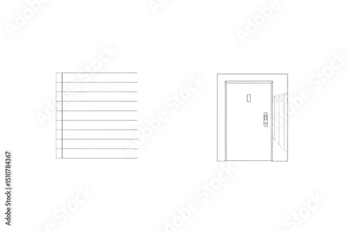 Minimalist architectural illustration featuring a door alongside horizontal lines on a white space