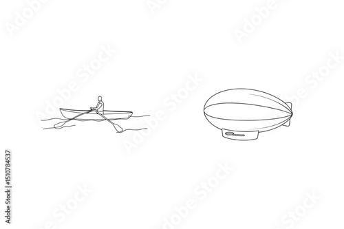 Simple black and white illustration of a rowboat and a dirigible airship on white background