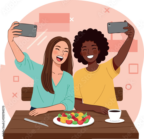 Two friends taking selfies at table with healthy food and coffee vector illustration 