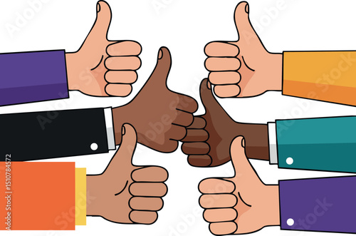Diverse group of hands showing thumbs up gesture in colorful sleeves vector illustration 