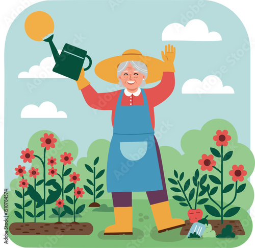 Elderly woman gardening with watering can and flowers in backyard garden vector illustration 