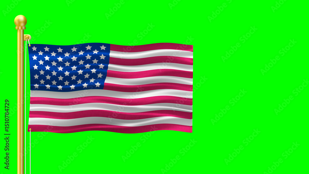 Obraz premium usa flag waving in air and golden flag pole illustration on green screen. national flag of united states of america cut out image.