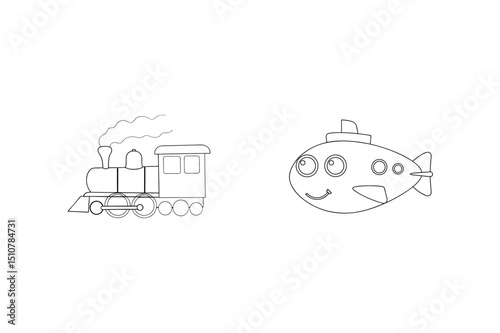 Cute cartoon train and submarine outlines for childrens education and creative projects