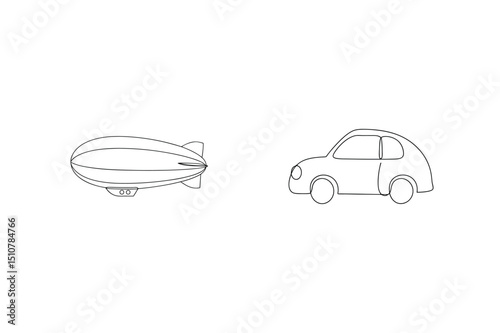 Simple line art illustration of a blimp and a car on a plain white background