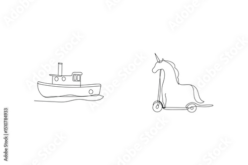 Minimalist line art illustration of a boat and a unicorn scooter on a white background