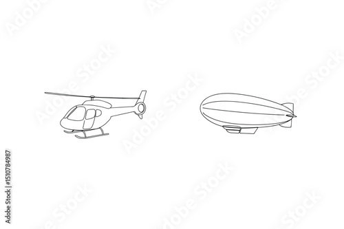 Simple line drawing of a helicopter and airship on white background for designs