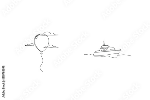 One line drawings of balloon and motorboat floating against a white background