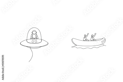 Line art illustration of a spacecraft with astronaut and a boat with passengers