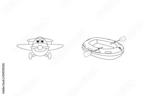 Cartoon airplane and inflatable boat outlined black and white for transportation projects