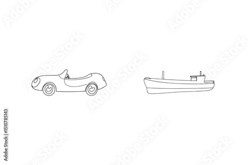 Simple line art illustration of a car and a boat on a pure white background