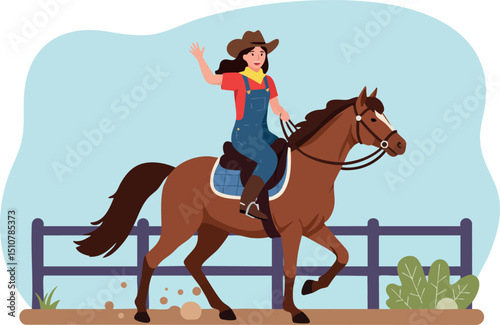Woman riding galloping brown horse in countryside outdoor scene vector illustration 