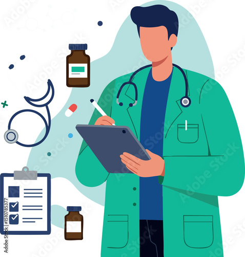 Male doctor writing medical notes with stethoscope and medicine bottles vector illustration 