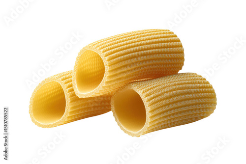PNG Close-up of three raw rigatoni pasta tubes against black background