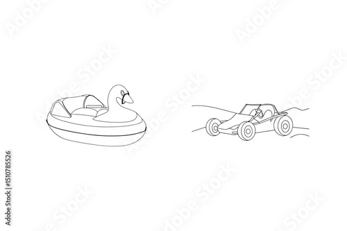 Line art illustration featuring duck boat and buggy racing on a white background