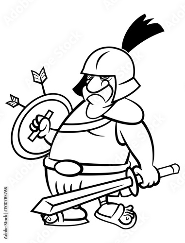 Gladiator Warrior cartoon characters wearing helmet and armor, carrying a sword and shield. Best for outline, logo, and coloring book with history themes