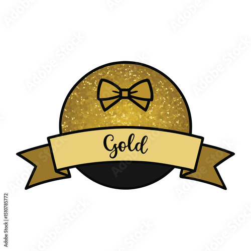 Elegant round banner with sparkling gold glitter, black text at the center, and a chic black bow at the top—perfect for luxury promotions or celebratory announcements.
