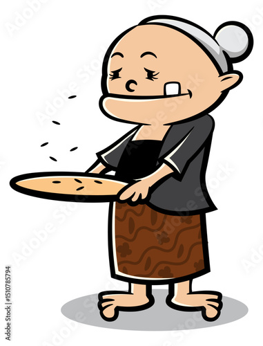A Grand mother cartoon characters winnowing a rice with traditional tools. Best for sticker, logo, and mascot with traditional agriculture themes