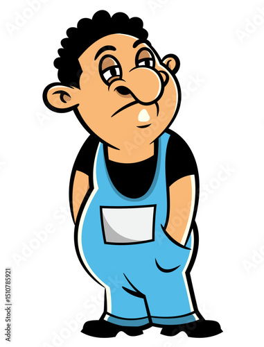 A Man cartoon characters wearing a Jumpsuit and searching for a Job. Best for sticker, logo, and mascot with economic recession themes