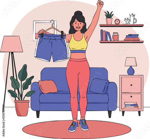 Young woman holding shorts celebrating fitness achievement in colorful living room vector illustration 