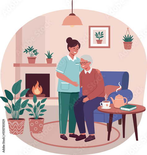 Elderly woman sitting with nurse in cozy living room with fireplace vector illustration 