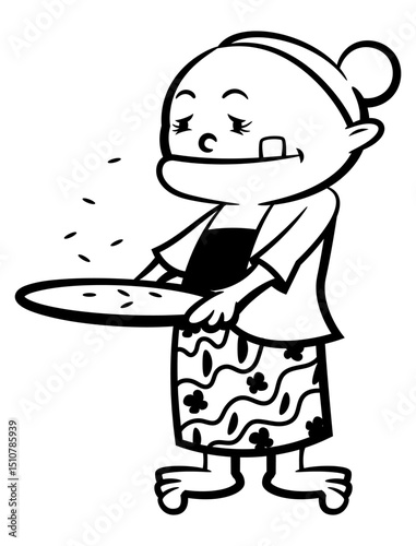 A Grand mother cartoon characters winnowing a rice with traditional tools. Best for outline, logo, and coloring book with traditional agriculture themes
