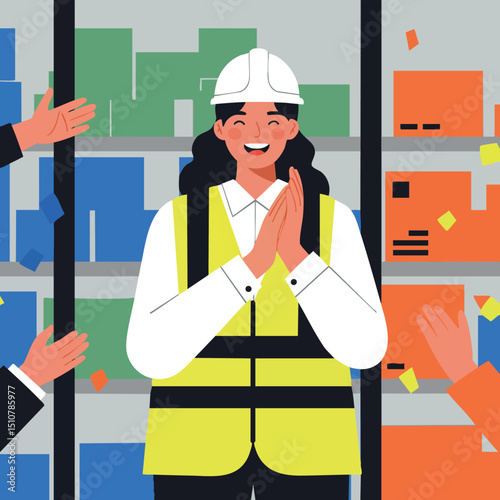 Female construction worker wearing safety helmet and yellow vest applauded by colleagues in warehouse 