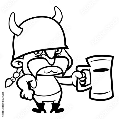 A Viking cartoon characters wearing horned helmet and drinking beer with big mug. Best for outline, logo, and coloring book with scandinavian themes