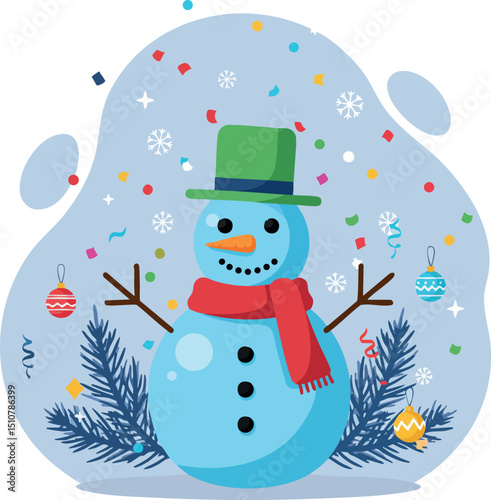 Snowman with green hat and red scarf Christmas winter celebration vector illustration 