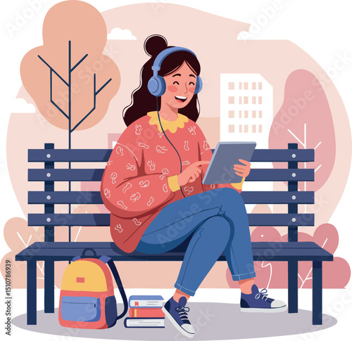 Young woman studying with tablet on park bench wearing headphones and casual clothes vector illustration 