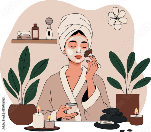 Woman Applying Facial Mask with Spa Elements in Calm Neutral Tones Vector Illustration 