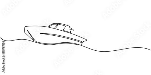 Speed boat in continuous one line drawing. Single line art illustration of sailing boat. Editable vector, Continuous singe one line drawing art of luxury yacht speed boat sailing cruise motorboat.
