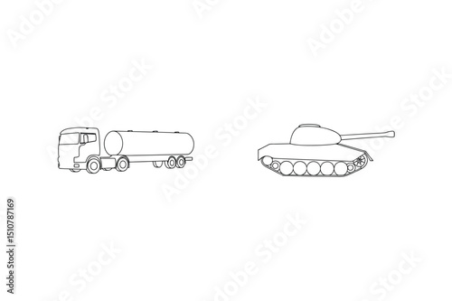 Vector illustration of tank and fuel tanker truck depicting transportation and warfare