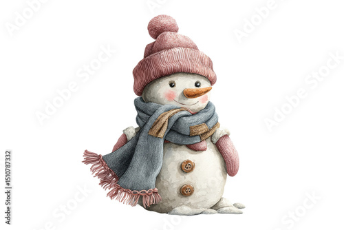 PNG Adorable snowman with pink hat, scarf, and mittens in winter scene