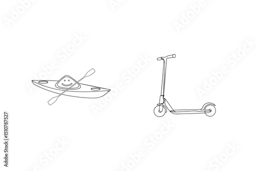 Black line art drawing of a kayak with a smiling face and a modern scooter