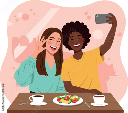 Two women taking selfie at cafe table with coffee and breakfast food vector illustration 