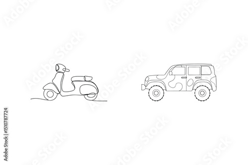 Simple line drawing of a scooter and a camouflage suv transportation vehicles