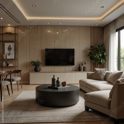 Modern living room with warm, neutral tones