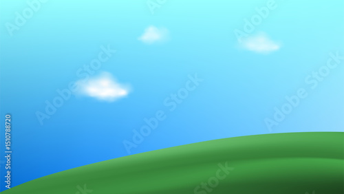 3D  landscape with green hills, mountains, and a textured grass field creates a playful eco friendly park scene.Childish vector illustration.