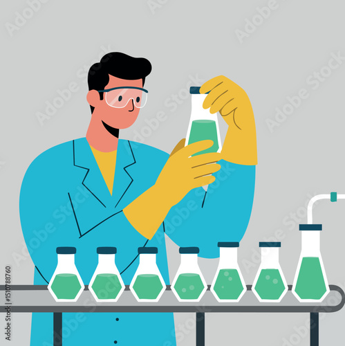 Scientist examining chemical liquids in laboratory glassware vector illustration 