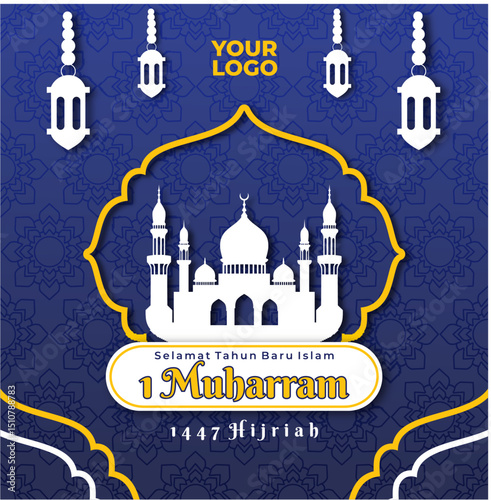 Islamic New Year Celebration Banner with 1 Muharram and Mosque Decorations